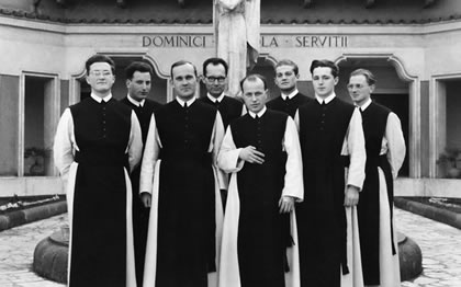 Refugee Monks in Rome(Cistercian General House, 1957). From left: Fr. Denis Farkasfalvy, Br. Sempronianus Pollner, Fr. Matthew Kovacs, Fr. Roch Kereszty, Fr. Pascal Kis-Horvath, Fr. Aurel Mensaros, Fr. Julius Leloczky, and Br. Romuald Verbay.